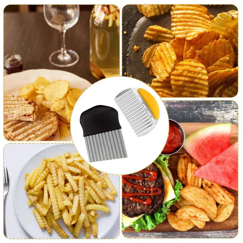 Two Pack Crinkle Cutter Set For Veggies And Waffle Fries, Sharp Stainless Steel Slicers For Potatoes, Carrots, And More, shown with crinkle-cut food plates