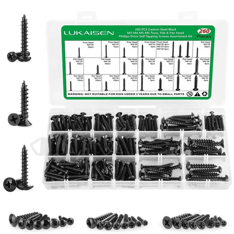260 Pcs Sheet Metal Screws Assortment Kit Self Drilling Screws Kit M3 M4 M5 M6 in storage box with black finish