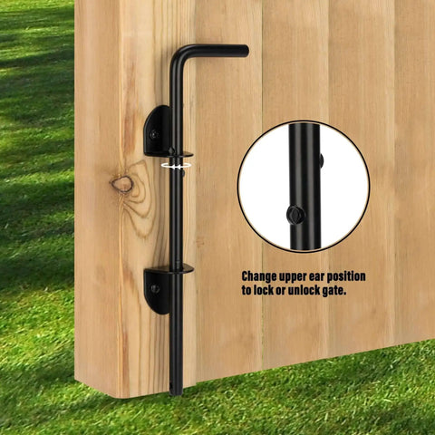 12 Inch Heavy Duty Tough As Nails Gate Drop Rod And Cane Bolt Set With Ground Latch For Wooden Fences And Metal Gates Durable Black Weatherproof Finish Gate Stopper Pin For Holding Gate To Ground 2 Pack installed on wooden gate