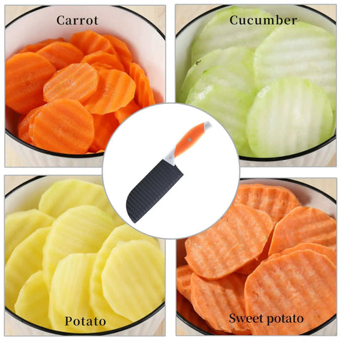 Crinkle Cut Knife For Veggies And Fries With Stainless Steel Wave Blade And Ergonomic Handle VITUER shown with crinkle-cut vegetables