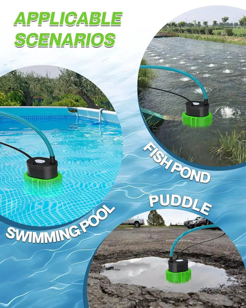 Pool Cover Pump Above Ground Submersible Water Sump Pump For Swimming Pool Water Removal With Drainage Hose 25 Feet Extra Long Power Cord 850 GPH Includes 3 Adapters IPX8 Weatherproof ABS Housing in pool, pond, and puddle scenarios.