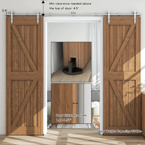 8Ft Stainless Steel Sliding Barn Door Hardware Kit With Heavy Duty Track And Silent Glide for 24 Inch Double Wooden Doors