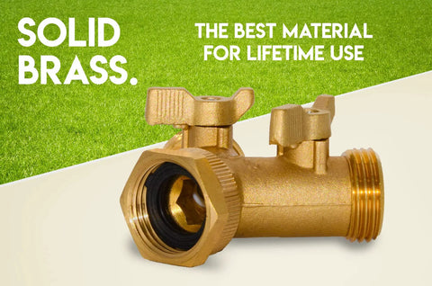 Morvat brass 2-way garden hose splitter with dual on/off valves, lead-free.