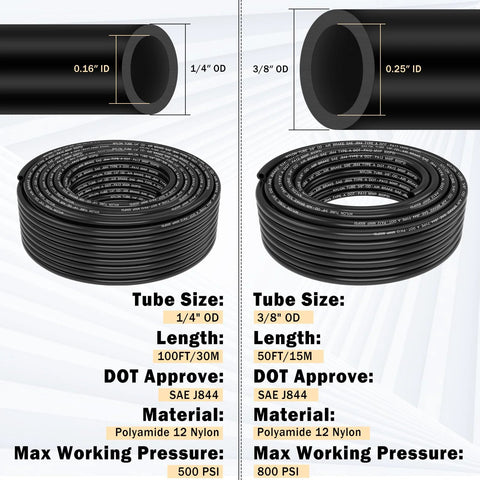CheeMuii DOT air line tubing kit: two black nylon coils, 1/4" OD 100 ft and 3/8" OD 50 ft, SAE J844.