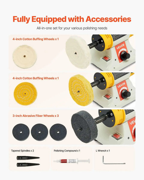 Benchtop Buffer Polisher With Half Horsepower Motor And 0 To 8000 RPM Adjustable Speed Heavy Duty Polish And Buffing Machine includes cotton and fiber wheels, accessories.