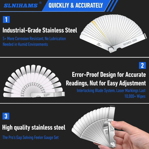 Rugged Magnetic Stainless Steel Feeler Gauge Set For Precise Valve And Spark Plug Measurements displayed with open blades.