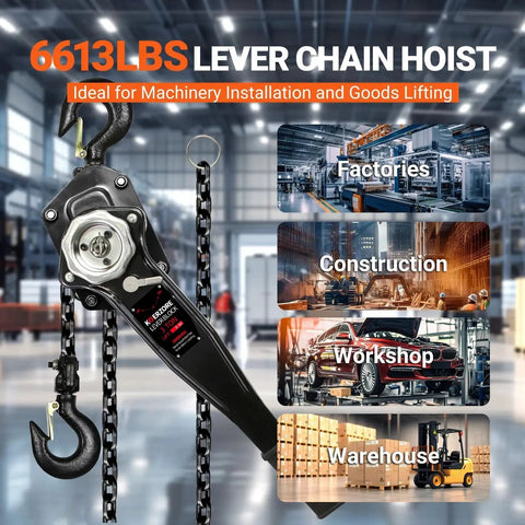 3 Ton Manual Lever Chain Hoist With 10ft Lift G80 Galvanized Steel Come Along displayed in industrial setting