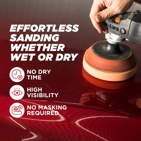 Close-up of polishing machine on red car surface with text displaying benefits of using Black Dry Guide Coat Powder Sanding Defects Highlights Scratches Wet Or Dry.
