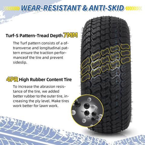 Close-up of Beefy Tubeless 16X6.50-8 Lawn Mower Tires with Turf-S pattern tread and 7mm depth for riding mowers and garden tractors.