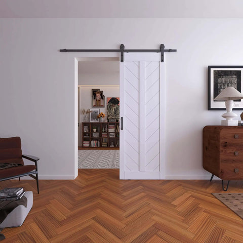 60 Inch By 84 Inch Sliding Barn Door Set With Hardware Kit White Primed Solid Wood And MDF Panel Pre Drilled For Easy Assembly