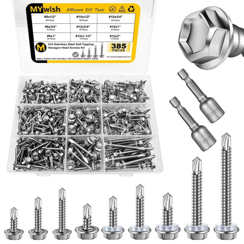 Stainless Steel Self Tapping Screws Kit For Metal Heavy Duty 385-Piece Hex Head Self Drilling Set Sizes 8, 10, 12 With One Half To Two Inch Lengths in case