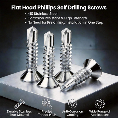 12 By 2 And A Half Inch Flat Head Phillips Self Tapping Screws For Metal And Plastic, 410 Stainless Steel High Hardness Self Drilling Screws on display