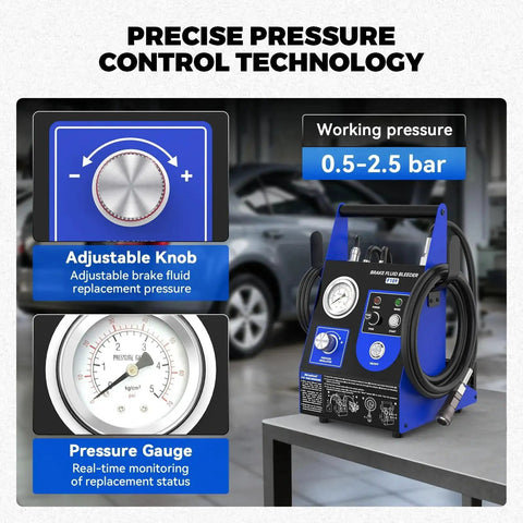 Front view of blue Automatic Brake Bleeder Kit with pressure gauge and hoses.