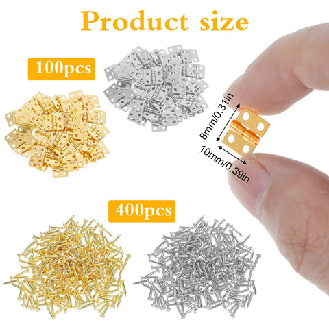 Small Brass Hinges Kit For Jewelry Boxes And Miniatures - 10x8mm Tiny Hinges In Gold And Silver With 400 Screws For DIY Projects