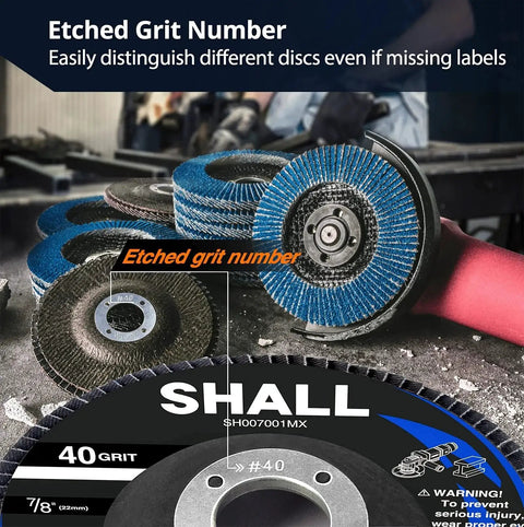 Close-up of 24 pack zirconia flap discs for angle grinder 4-1/2 inch by 7/8 inch grits 40 60 80 120 T29 and 40 T27 with etched grit numbers.
