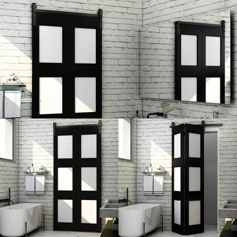 52 Inch Bi Folding Barn Door Hardware Track Kit with side mounted black rollers installed on double 24 inch bifold doors.