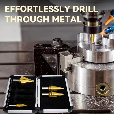 Titanium Coated HSS Step Drill Bit Set, 5-Piece With Dual Straight Flutes, shown in case and installed for drilling metal.