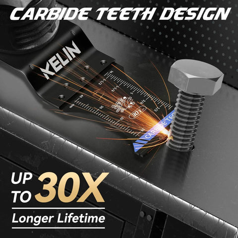 Six Piece Carbide And Titanium Multitool Blades Kit in use on metal bolt, close-up view, sparks showing cutting action