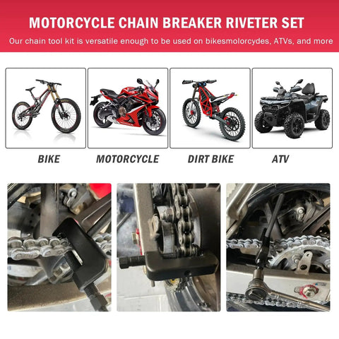 Pro Grade 13 Piece Chain Breaker Tool Kit For Motorcycles ATVs And Bikes Includes 2mm 3mm 4mm Break Tips 3 Pin Sizes Riveting Capabilities To Break And Rivet 420 To 630 Rear Drive Chains Workhorse Steel Construction in use on motorcycle chains