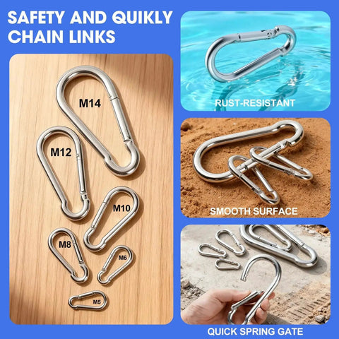 10 Pack 5.5 Inch Heavy Duty Carabiner Clips 12mm Spring Hooks 1350Lb Capacity, various sizes, zinc steel, outdoor use.