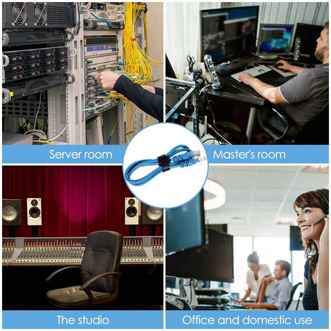 Collage showing various uses of Six Inch Reusable Cable Ties Set With 120 Pieces For Wire And Cord Organization Adjustable Hook And Loop Ties