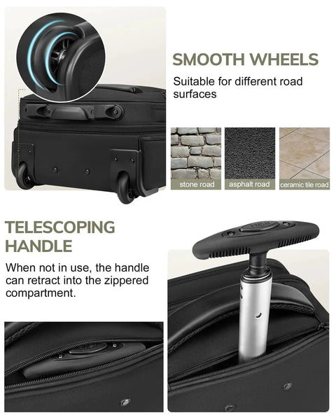 Underseat Carry On Luggage With Wheels For Men And Women, TSA Approved Rolling Overnight Weekender Bag, featuring smooth wheels and telescoping handle