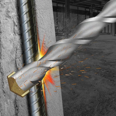 Close-up of a carbide-tipped drill bit from a 10 Piece SDS Plus Drill Bit Set Carbide Tipped For Rotary Hammer Drills in action on concrete