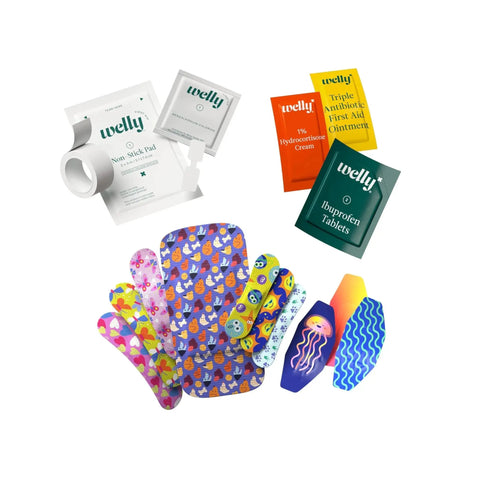 Everyday First Aid Kit With Flexible Fabric Bandages That Move With You Waterproof Tape Nonstick Pads Butterfly Strips Single Use Ointments Ibuprofen 130 Count Essentials Set For Home Office Car By Welly