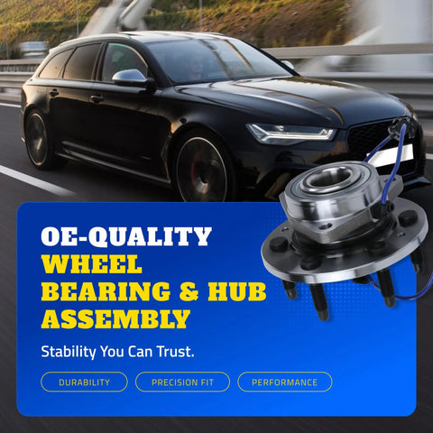 OE-quality wheel bearing and hub assembly next to moving black car on highway