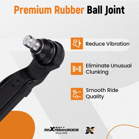Close-up of a premium rubber ball joint, highlighting features like vibration reduction, clunking elimination, and smooth ride.