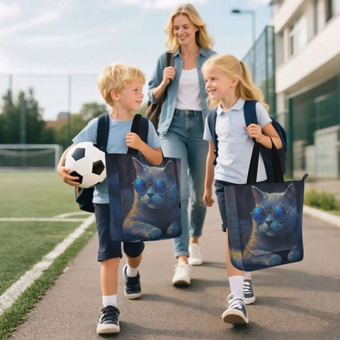 Smiling woman and two kids walking to school with cat-printed tote bags and soccer ball on sunny day.
