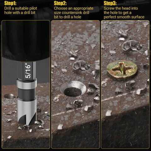 Close-up view of Five Piece Four Spiral Flute Step Drill Bit Set And Six Countersink Bits With Tool Box by Cleverool in use on metal.