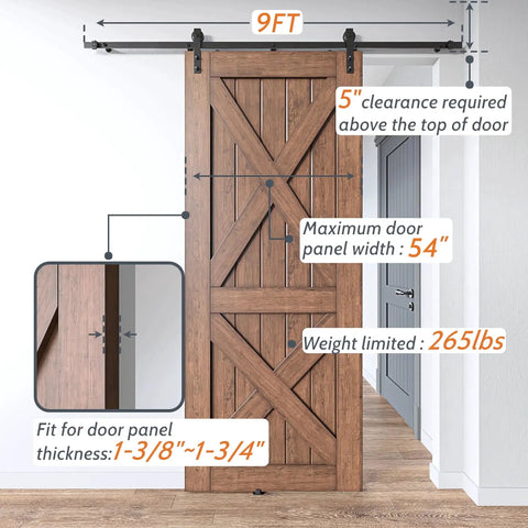 Nine Foot Single Sliding Barn Door Hardware Kit With Track For Quiet Smooth Operation, Carbon Steel Upgrade Lightweight Yet Strong, Load Capacity Up To Two Hundred Sixty Five Pounds, Low Clearance Design, Easy To Install, Black Finish installed on wooden door