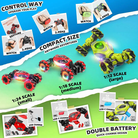 Gesture Sensing RC Epic Stunt Car 1 12 Scale 4WD with hand motion control, showcasing sizes and features, including USB-C charging.