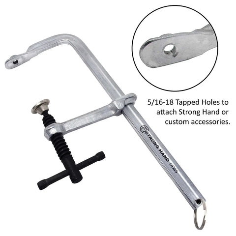 Light Duty Utility Clamp UD45 With 4.5 Inch Capacity And 500 Pound Clamping Power, Five Eighths By Five Sixteenths Inch Rail, Three And A Quarter Inch Throat Depth, Five Sixteenth Threaded Hole, Grab And Go Quick Holds For Woodworking, side view showing clamp design and tapped holes.