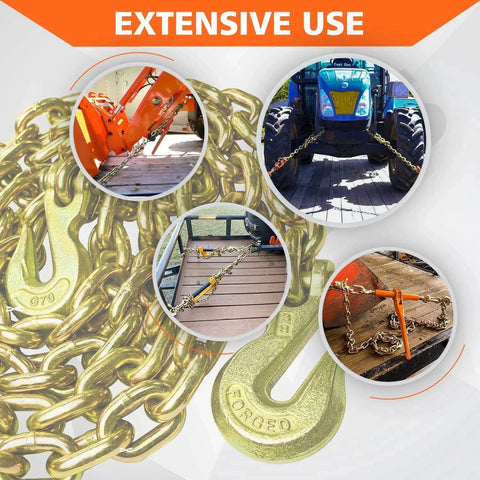 G80 Transport Binder Chain Three Eighths Inch Ten Foot Clevis Grab Hooks Safe Working Load 7100 Lbs in use on vehicles