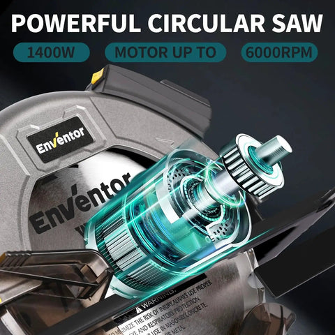 Close-up of a Powerful 11 Amp Circular Saw With Laser Guide And Dual 40T 24T 7-1/4 Inch Blades For Fast Wood Plastics And PVC Cutting 6000 RPM Corded Bevel Saw Ideal For Straight Cuts Rips And More Enventor.