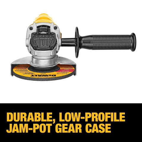 Front view of Heavy Duty 4-1/2 Inch Angle Grinder With One-Touch Guard 7 Amp AC DC Motor 12,000 RPM For Fast Material Removal Includes Hex Wrench Built For Pros Heavy Duty Jobs DEWALT