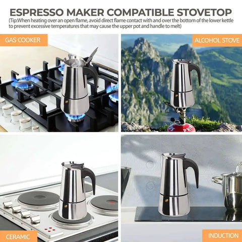Stainless Steel 12 Cup Moka Pot Espresso Maker For Stovetop Brews Like A Boss Italian Classic Style Cafetera Coffee Pot 600ml Portable For Camping Travel And Home Use on four different stovetops.