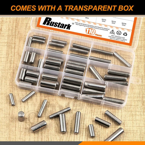 60 Pieces Stainless Steel Dowel Pin Kit With 12 Sizes M6 M8 M10 304 Grade Pins for shelf supports, shown in transparent box.