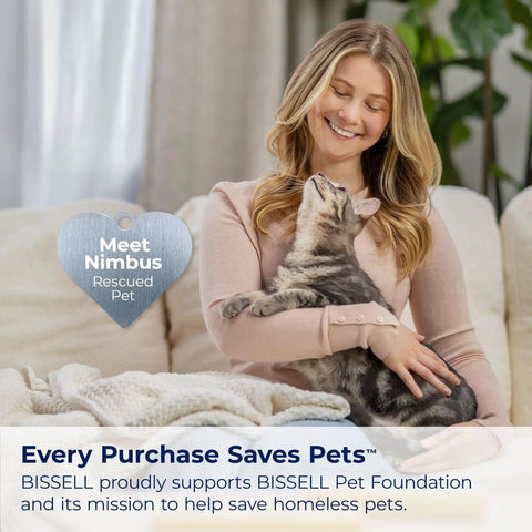 A woman smiles while holding a rescued cat, promoting BISSELL's support for animal welfare.