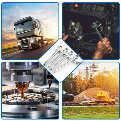 Collage featuring trucks, wrenches, and machinery for 120Pcs Stainless Steel Cotter Pins Assortment Kit Pro Grade 304 For Hitch Pin Lock System And Tow Truck Or Tractor Repair Needs Includes M1.6x25 M2.5x25 M2.5x30 M3.2x30 M3.2x40 And M4x60.