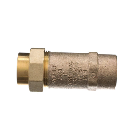 Zurn Wilkins 1UFX1F-700XL dual check valve, 1 in female union inlet and 1 in female outlet, brass body.