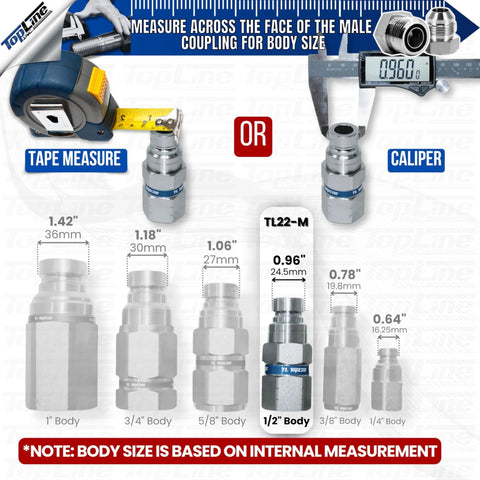 Six TL22 ISO 16028 hydraulic quick-connect couplers with flat-face ends and dust caps for skid-steer attachments