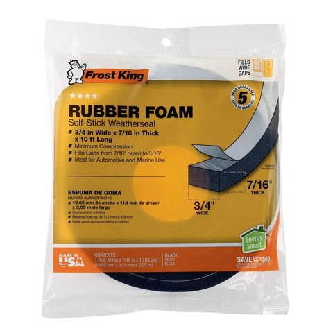 Packaging of Three Quarters Inch Sponge Rubber Foam Tape Black 10 Ft Doors Windows Sealing with measurements and features