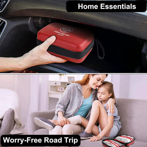 Storing Premium 320 Piece Waterproof First Aid Kit In A Durable EVA Hard Shell in car glove box and using it at home.