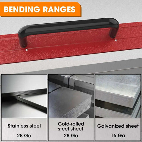 Heavy Duty 24 Inch 16 Gauge Steel Sheet Metal Folding Tool With Grips for HVAC, red finish, bends galvanized, stainless, cold-rolled sheets