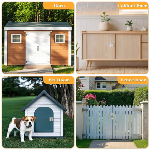 Heavy Duty Stainless Steel Flip Gate Latch For Shed Doors And Barn Fence Locks With Brushed Finish installed on barn, cabinet, pet room, and fence doors.