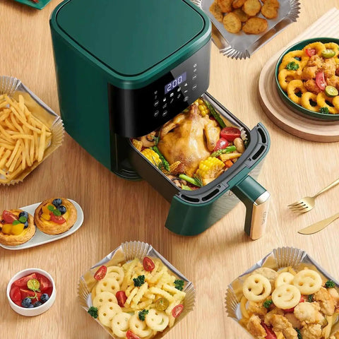 Heavy Duty Aluminum Foil Air Fryer Liners Pack Of 100 Pcs, 6.3 Inch Square in use with green air fryer cooking various dishes