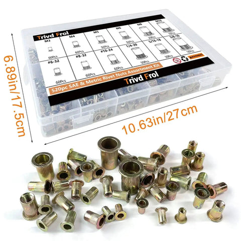 Rivet Nut Tool Kit With 520-Piece SAE And Metric Rivet Nuts Set with galvanized carbon steel flat head inserts and storage box